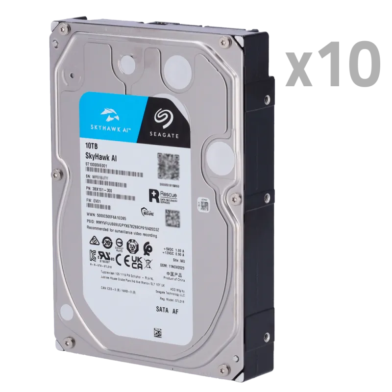 Pack de discos duros - 10 unidades - Seagate SkyHawk ST10000VE0008 - Hasta 32 transmisiones de inteligencia artifici... - Alarm