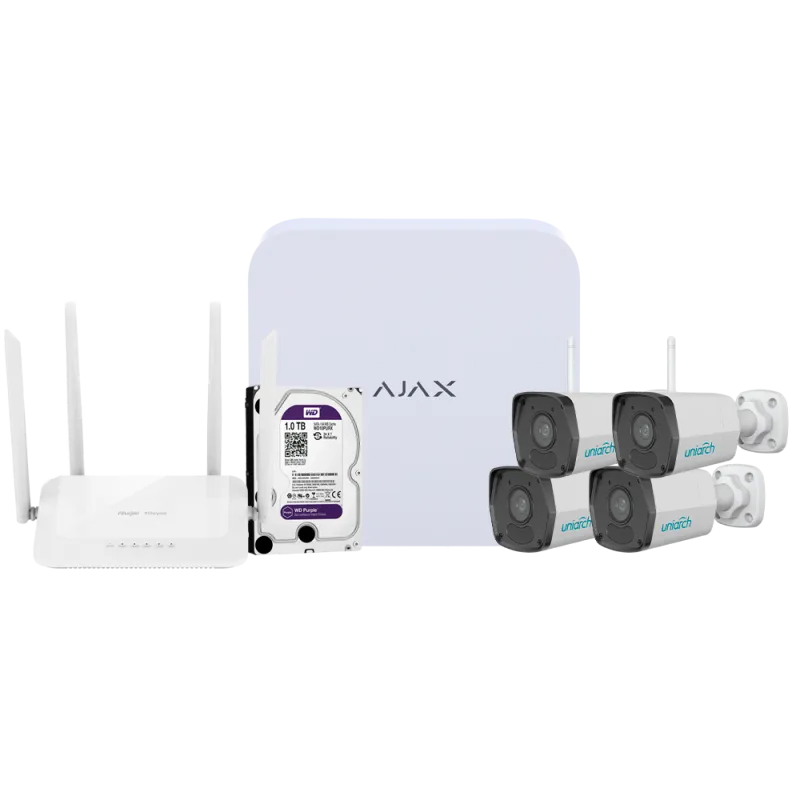 Kit de videovigilancia Ajax - Grabador Ajax de 8 canales - 4 cámaras bullet WiFi de 2 Mpx Uniarch - Router WiFi de ... - Alarm