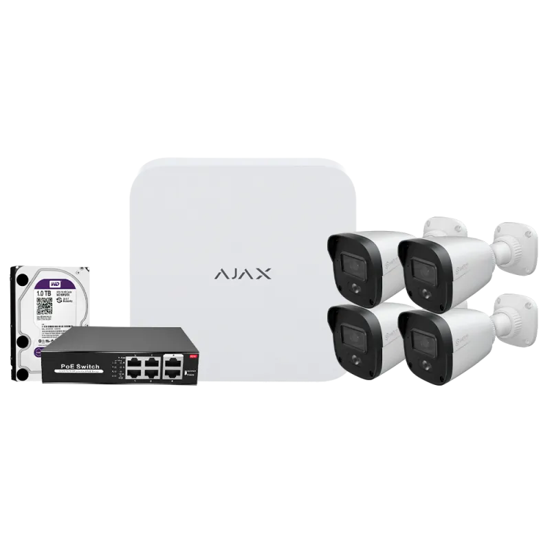 Kit de videovigilancia Ajax - Grabador Ajax de 8 canales - 4 cámaras bullet de 4 Mpx Safire Smart DualLight - Switc... - Alarm