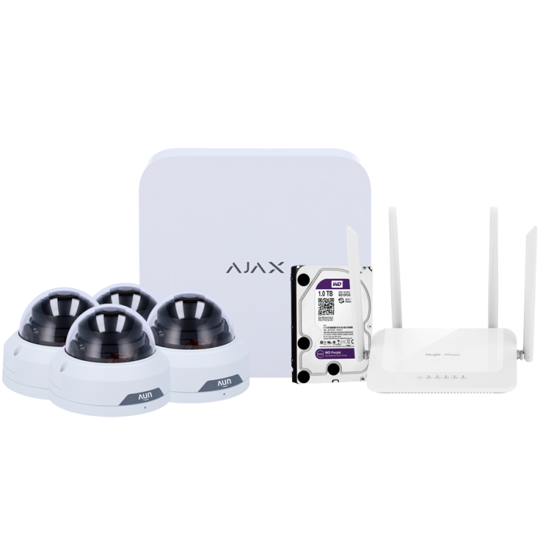 Kit de videovigilancia Ajax - Grabador Ajax de 8 canales - 4 cámaras turret WiFi de 2 Mpx Uniview - Router WiFi de ...