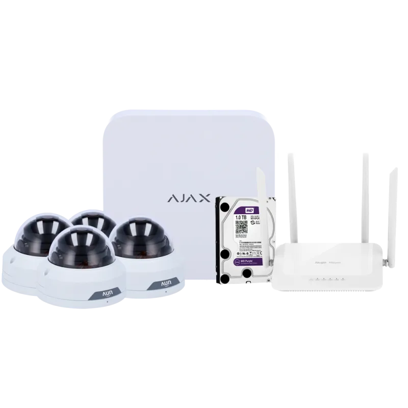 Kit de videovigilancia Ajax - Grabador Ajax de 8 canales - 4 cámaras turret WiFi de 2 Mpx Uniview - Router WiFi de ... - Alarm