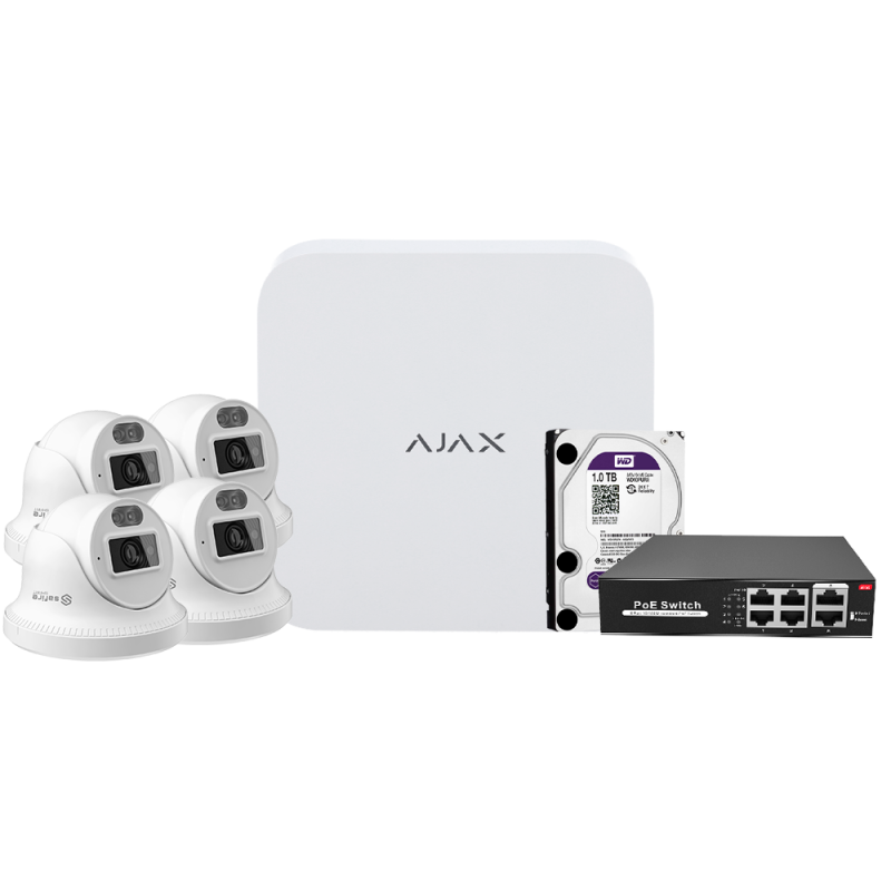 Kit de videovigilancia Ajax - Grabador Ajax de 8 canales - 4 cámaras turret de 4 Mpx Safire Smart DualLight - Switc...