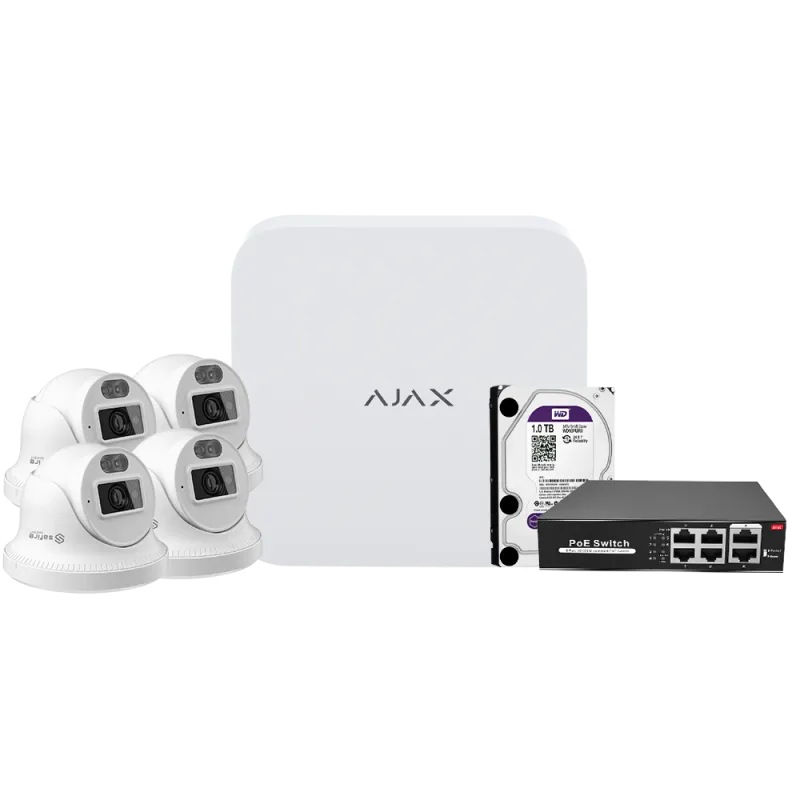 Kit de videovigilancia Ajax - Grabador Ajax de 8 canales - 4 cámaras turret de 4 Mpx Safire Smart DualLight - Switc... - Alarm