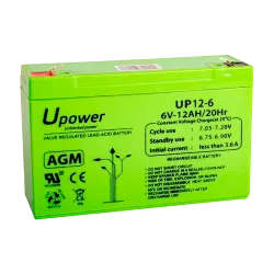 Upower - Batería recargable - Tecnología plomo ácido AGM - Voltaje 6 V - Capacidad 12.0 Ah - 100 x 151 x 51 / 1800 g ... - Alarm