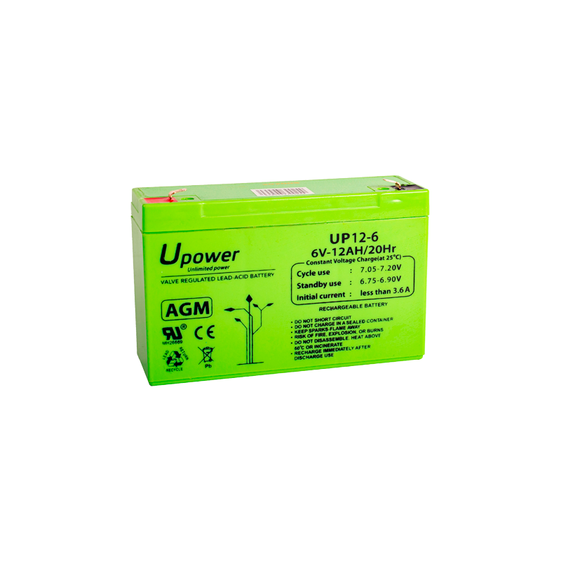 Upower - Batería recargable - Tecnología plomo ácido AGM - Voltaje 6 V - Capacidad 12.0 Ah - 100 x 151 x 51 / 1800 g ...