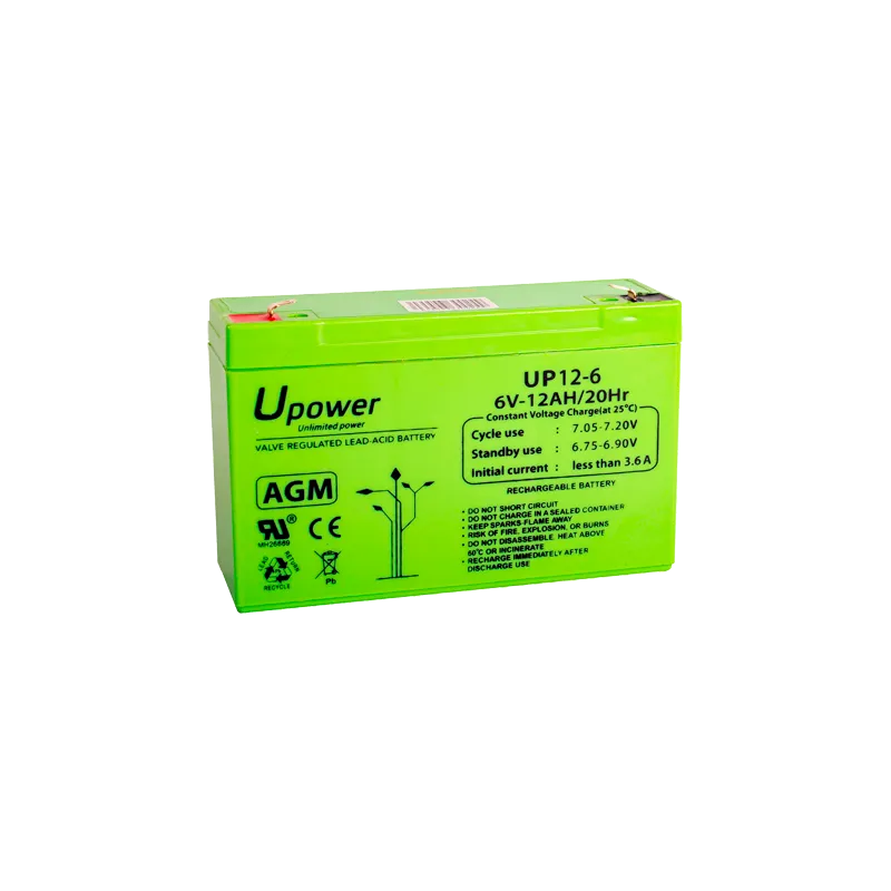 Upower - Batería recargable - Tecnología plomo ácido AGM - Voltaje 6 V - Capacidad 12.0 Ah - 100 x 151 x 51 / 1800 g ... - Alarm