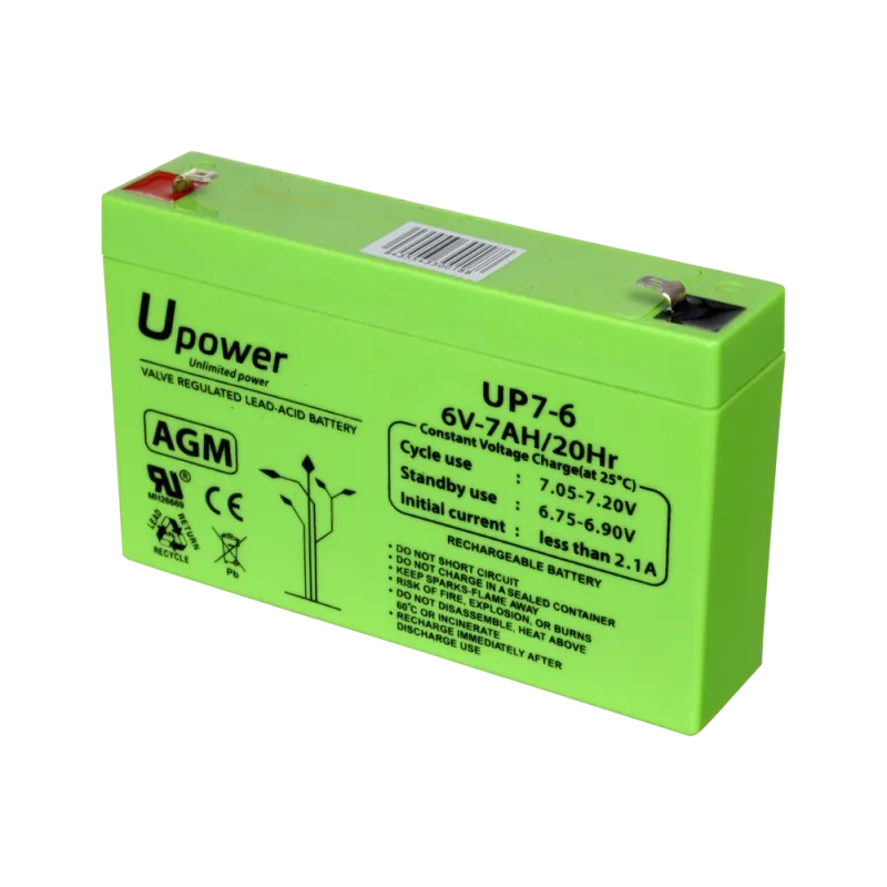 Upower - Batería recargable - Tecnología plomo ácido AGM - Voltaje 6 V - Capacidad 7.0 Ah - 100 x 151 x 34 / 1150 g -... - Alarm