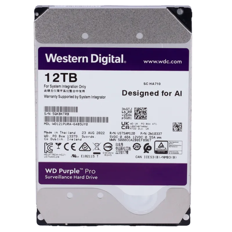 Disco duro Western Digital - Capacidad 12 TB - Interfaz SATA 6 Gb/s - Modelo WD121PURZ-64B5UY0 - Especial para Videog... - Alarm