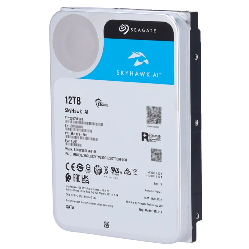 Disco duro Seagate Skyhawk AI - Capacidad 12 TB - Interfaz SATA 6 Gb/s - Hasta 32 transmisiones de inteligencia artif... - Alarm