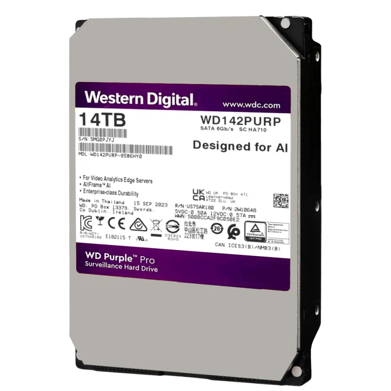 Disco duro Western Digital - Capacidad 14 TB - Interfaz SATA 6 Gb/s - Modelo WD142PURP - Especial para Videograbadore... - Alarm