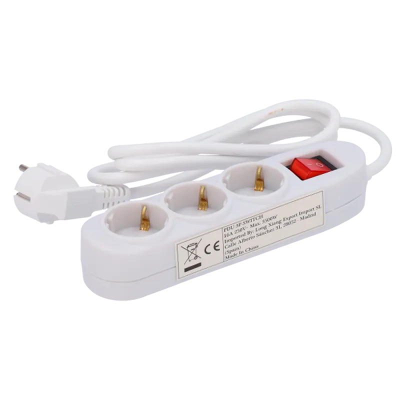 Regleta - 3 salidas hasta 250VAC / 16 A max. - Interruptor de encendido/apagado - Color blanco - AlarmSystems.Shop