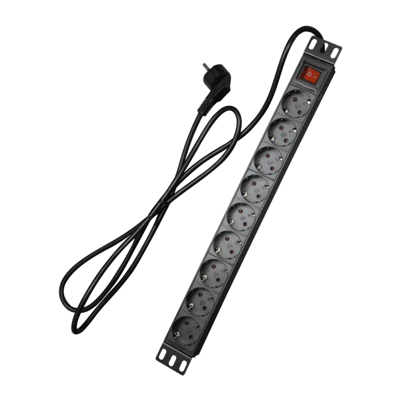 Regleta - Formato enrackable 1U - 9 salidas hasta 250VAC / 16 A max. - Interruptor de encendido/apagado - Color negro - AlarmSys