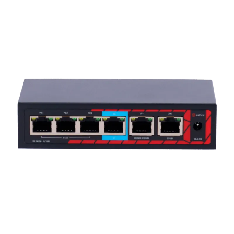 Safire Indoor Hi-PoE Extender Switch - Amplía alcance alimentación PoE - 4 puertos PoE + 2 Uplink RJ45 - IEEE 802.3 a... - Alarm