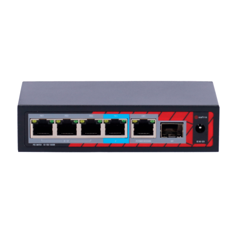 Safire Indoor POE extender Switch - Amplía alcance alimentación POE - 4 puertos PoE + 1 Uplink RJ45 +1 SFP - IEEE 80...