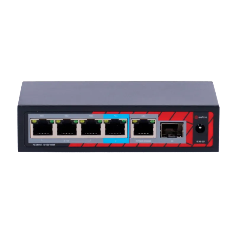 Safire Indoor POE extender Switch - Amplía alcance alimentación POE - 4 puertos PoE + 1 Uplink RJ45 +1 SFP - IEEE 80... - Alarm