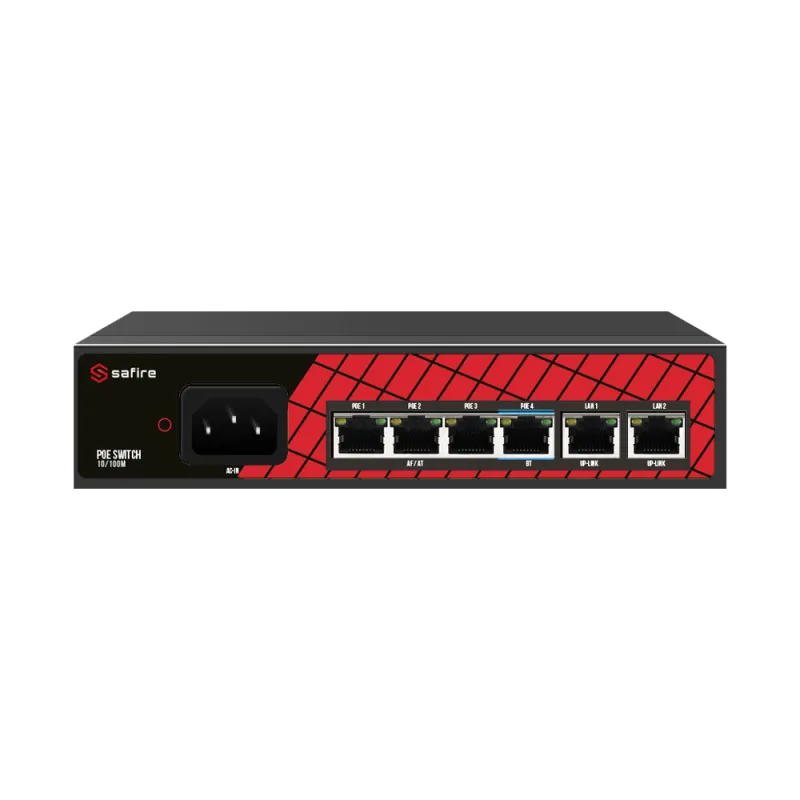 Safire Switch Hi-PoE - 4 puertos PoE + 2 Uplink RJ45 - Velocidad de puertos 10/100Mbps - 3 Puertos PoE+ 30W + 1 Puert... - Alarm