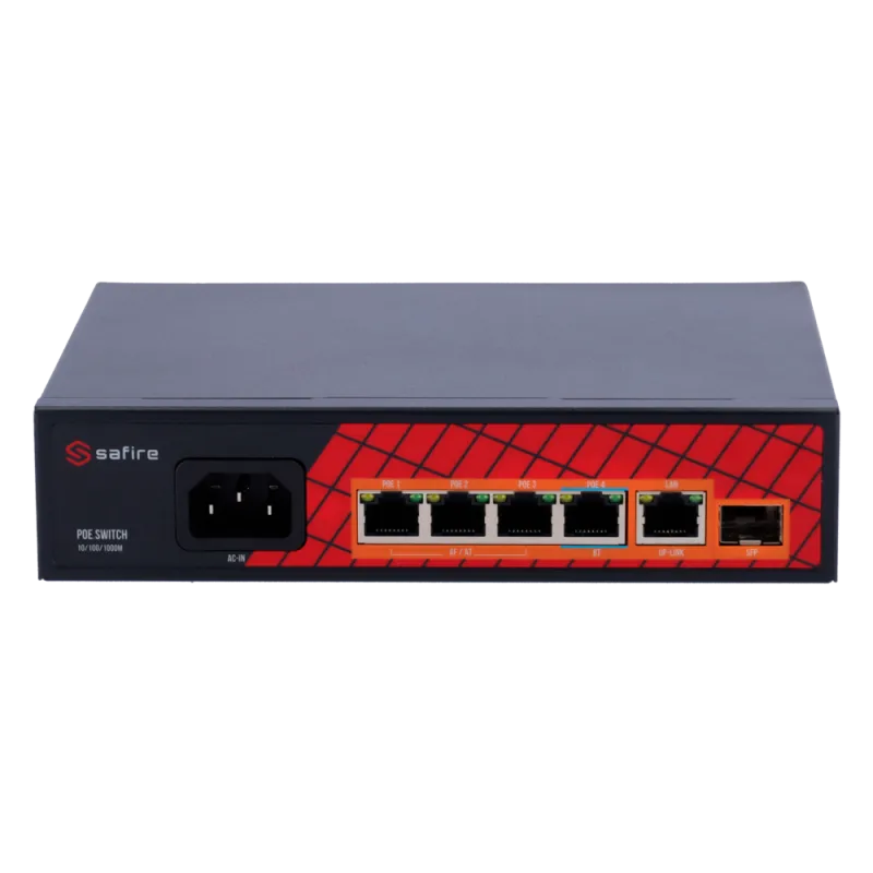Safire Switch Hi-PoE - 4 puertos PoE + 1 Uplink RJ45 + 1 Uplink SFP - Velocidad de puertos Gigabit 10/100/1000Mbps - ... - Alarm