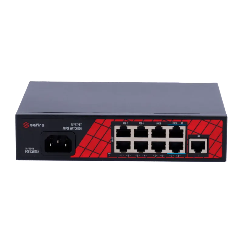Safire Switch Hi-PoE - 8 puertos PoE + 1 Uplink RJ45 - Velocidad de puertos 10/100Mbps - 6 Puertos PoE+ 30W + 2 Puert... - Alarm