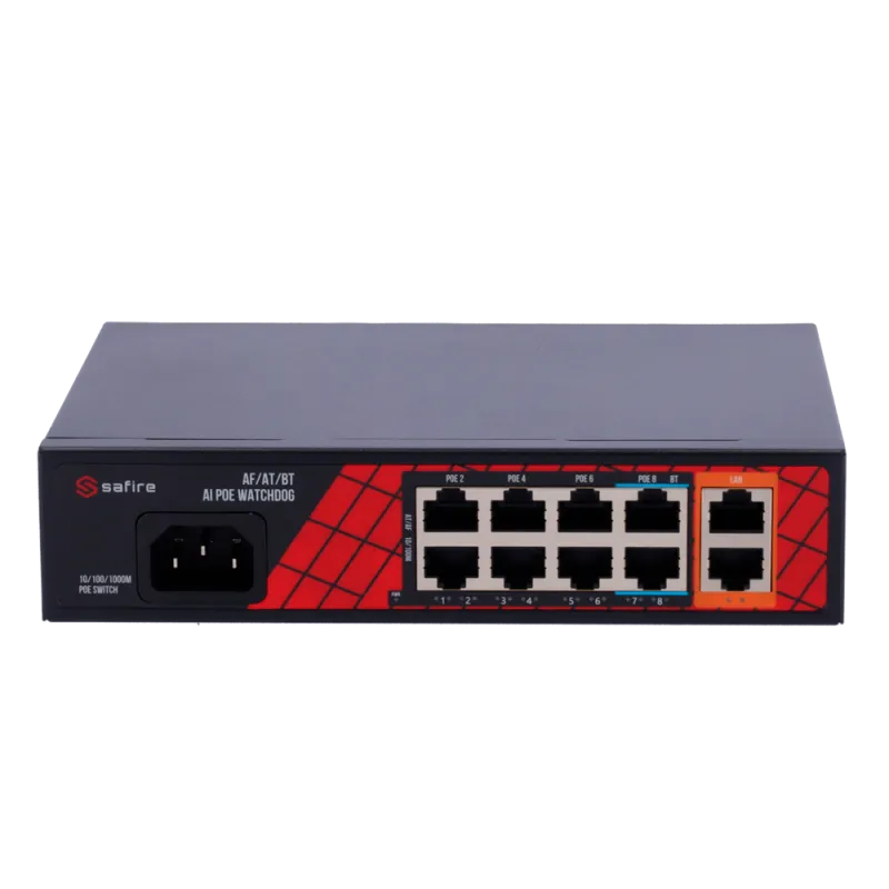 Safire Switch Hi-PoE - 8 puertos PoE + 2 Uplink RJ45 - Hibrido 8x10/100Mbps + 2x10/100/1000Mbps - 6 Puertos PoE+ 30W ... - Alarm