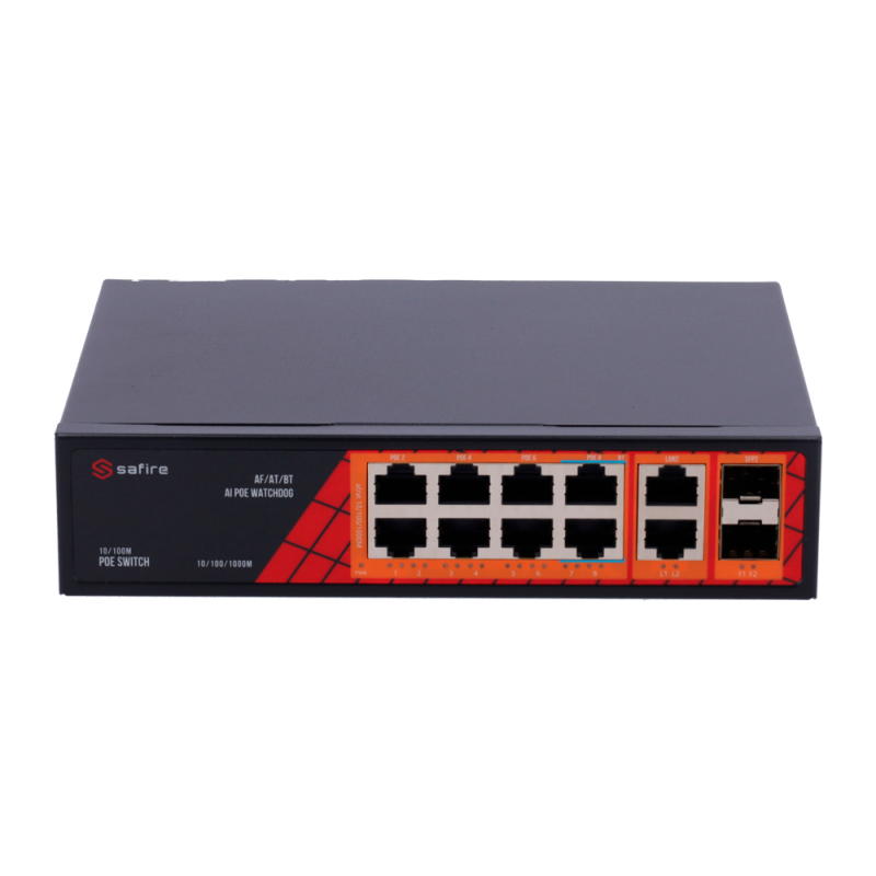 Safire Switch Hi-PoE - 8 puertos PoE + 2 SFP + 2 RJ45 - Velocidad de puertos Gigabit 10/100/1000Mbps - 6 Puertos PoE+...