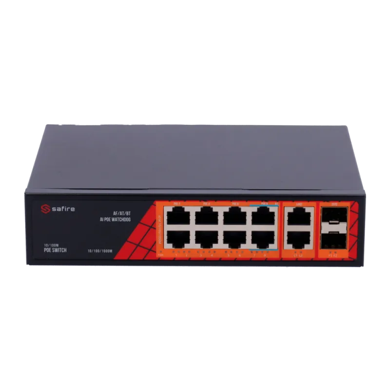 Safire Switch Hi-PoE - 8 puertos PoE + 2 SFP + 2 RJ45 - Velocidad de puertos Gigabit 10/100/1000Mbps - 6 Puertos PoE+... - Alarm