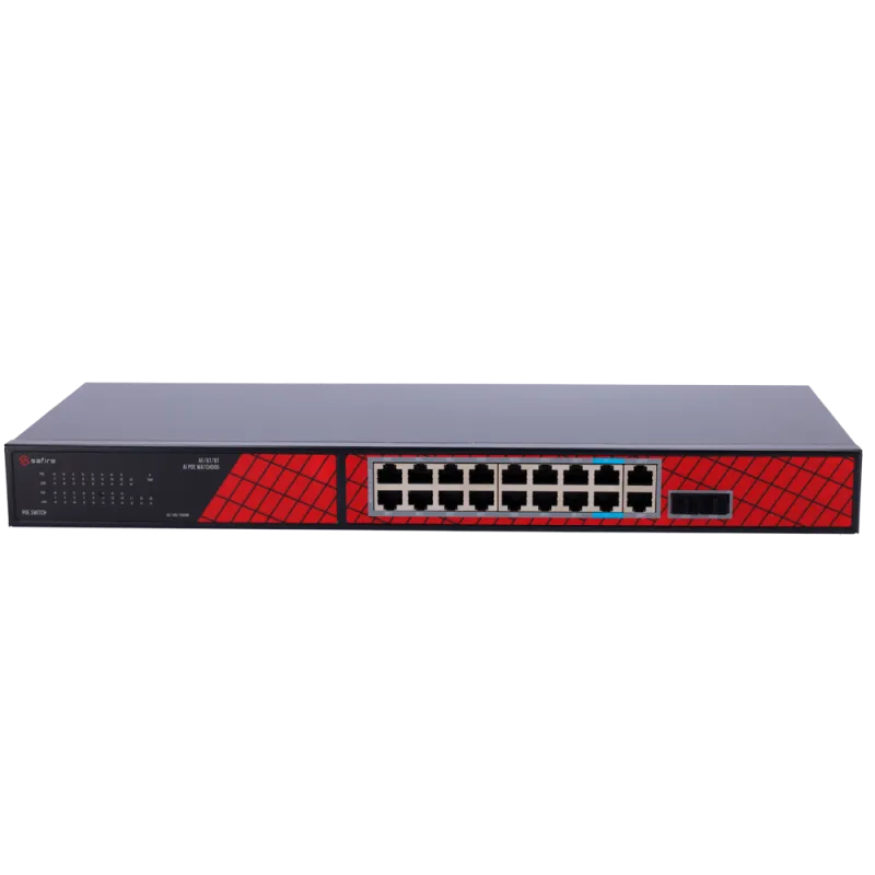 Safire Switch Hi-PoE - 16 puertos PoE + 2 SFP + 2 RJ45 - Velocidad de puertos Gigabit 10/100/1000Mbps - 14 Puertos Po... - Alarm