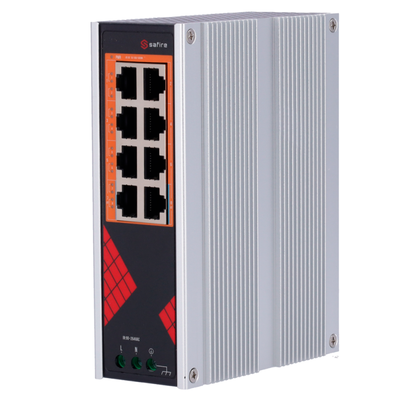 Safire Switch Industrial Alimentación AC 90~264V - 8 puertos Gigabit 10/100/1000Mbps - 6 Puertos PoE+ 30W + 2 Puertos...