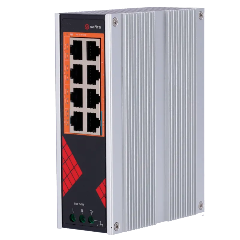 Safire Switch Industrial Alimentación AC 90~264V - 8 puertos Gigabit 10/100/1000Mbps - 6 Puertos PoE+ 30W + 2 Puertos... - Alarm