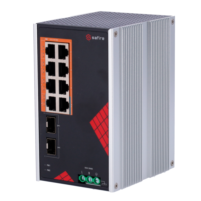 Safire Switch Industrial Alimentación AC y DC - 8 puertos Gigabit + 2 SFP Gigabit - 6 Puertos PoE+ 30W + 2 Puertos Hi...