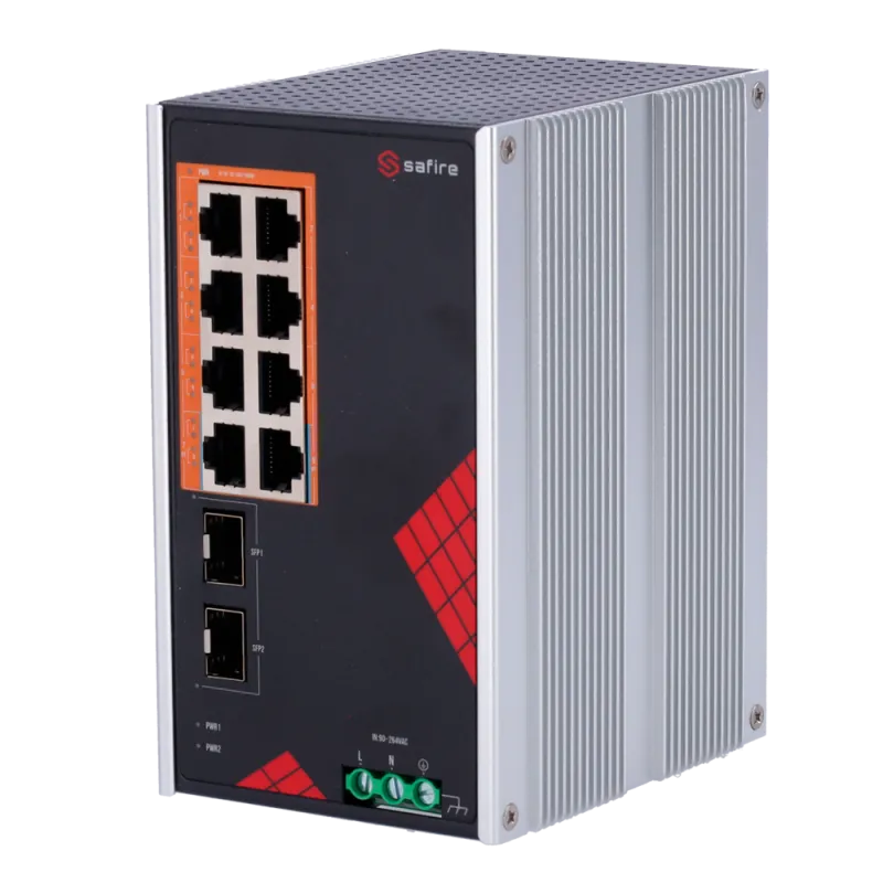 Safire Switch Industrial Alimentación AC y DC - 8 puertos Gigabit + 2 SFP Gigabit - 6 Puertos PoE+ 30W + 2 Puertos Hi... - Alarm
