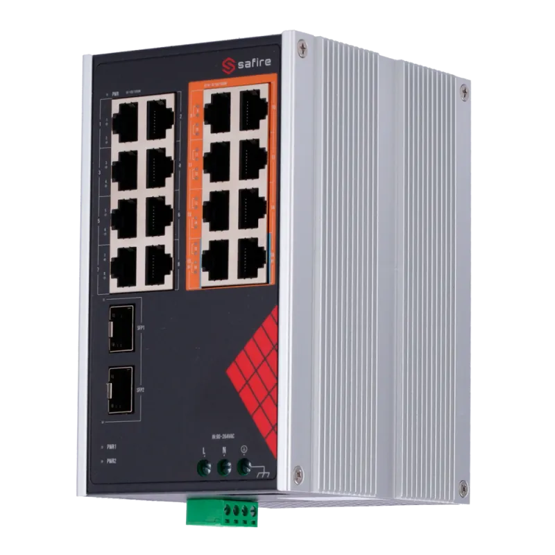 Safire Switch Industrial Alimentación AC y DC - 16 puertos Gigabit + 2 SFP Gigabit - 6 Puertos PoE+ 30W + 2 Puertos H... - Alarm