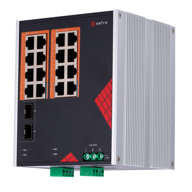 Safire Switch Industrial Alimentación AC y DC - 16 puertos Gigabit + 2 SFP Gigabit - 12 Puertos PoE+ 30W + 4 Puertos ...