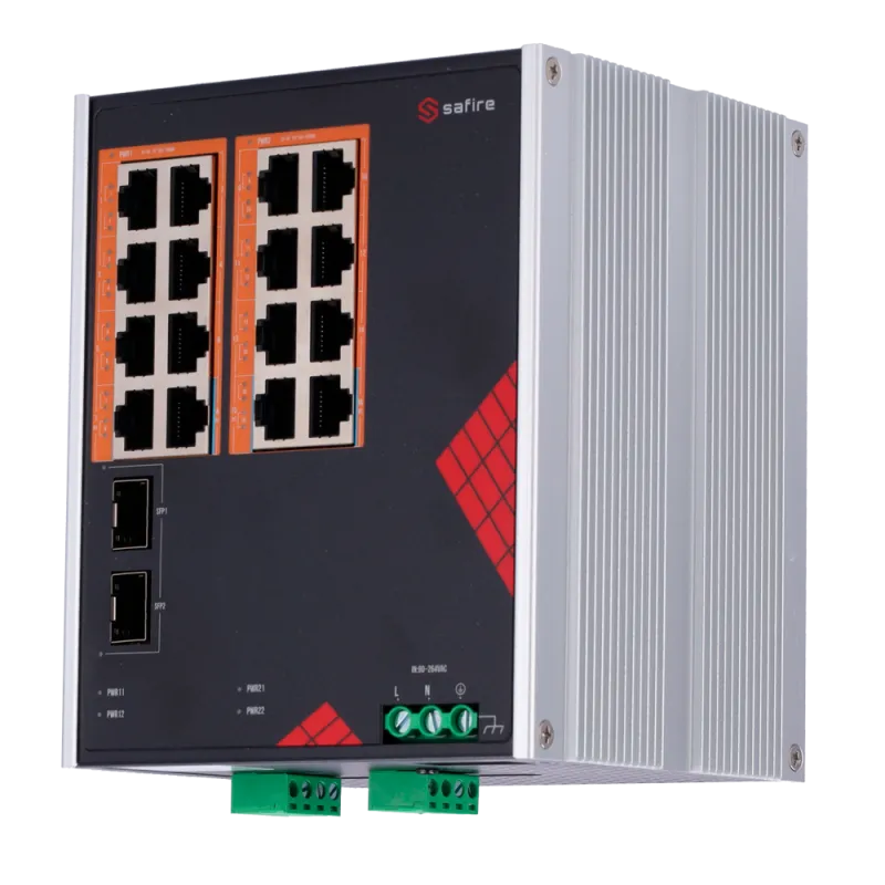 Safire Switch Industrial Alimentación AC y DC - 16 puertos Gigabit + 2 SFP Gigabit - 12 Puertos PoE+ 30W + 4 Puertos ... - Alarm