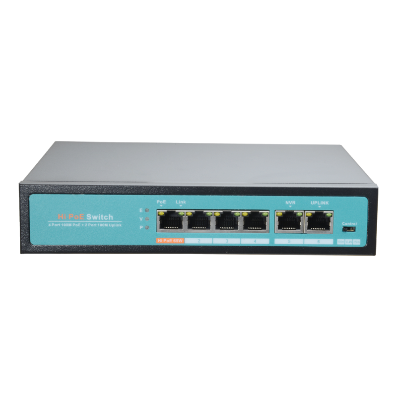 Switch PoE - 4 puertos PoE + 2 Uplink - Velocidad de puertos 10/100 Mbps - 65W puerto 1 / 30W puerto 2-4 / Máximo 65W...