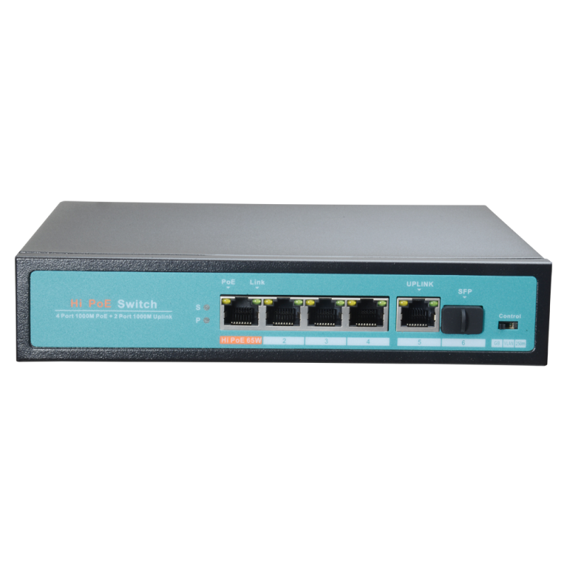 Switch PoE - 4 puertos PoE + 1 Uplink + 1 SFP GIGA - Velocidad de puertos 10/100/1000 Mbps - 65W puerto 1 / 30W puert...