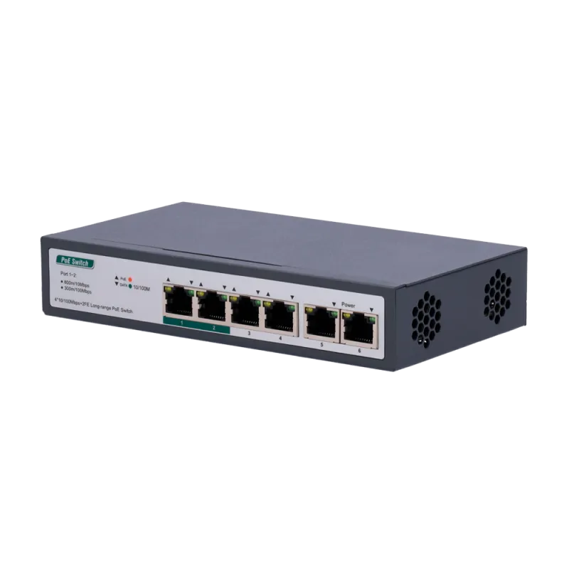 Switch PoE - 4 puertos PoE+ FE + 2 FE Uplink - Velocidad 4 x10/100Mbps + 2 x10/100Mbps - 2 Puertos PoE para hasta 800... - Alarm