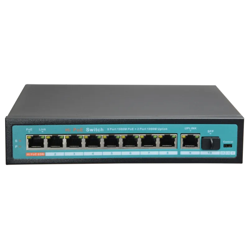 Switch PoE - 8 puertos PoE + 1 Uplink + 1 SFP GIGA - Velocidad de puertos 10/100/1000 Mbps - 65W puerto 1 / 30W puert... - Alarm