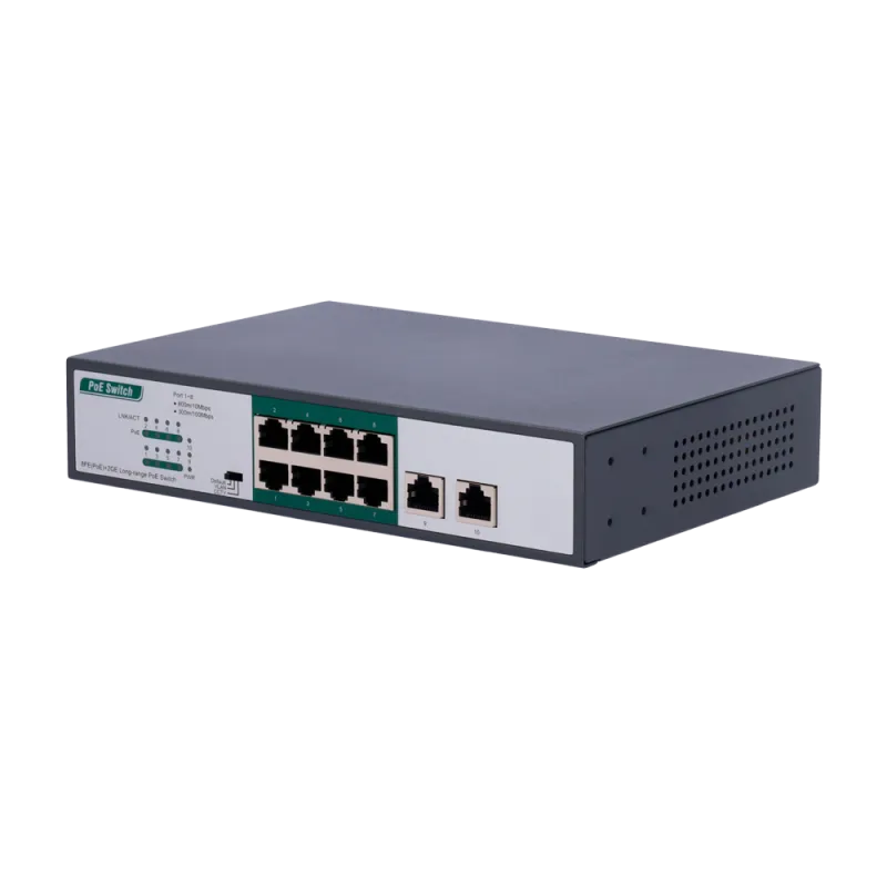 Switch PoE - 8 puertos PoE FE + 2 GE - Velocidad 8 x10/100Mbps + 2 x10/100/1000Mbps - 8 puertos PoE+ para hasta 800m ... - Alarm