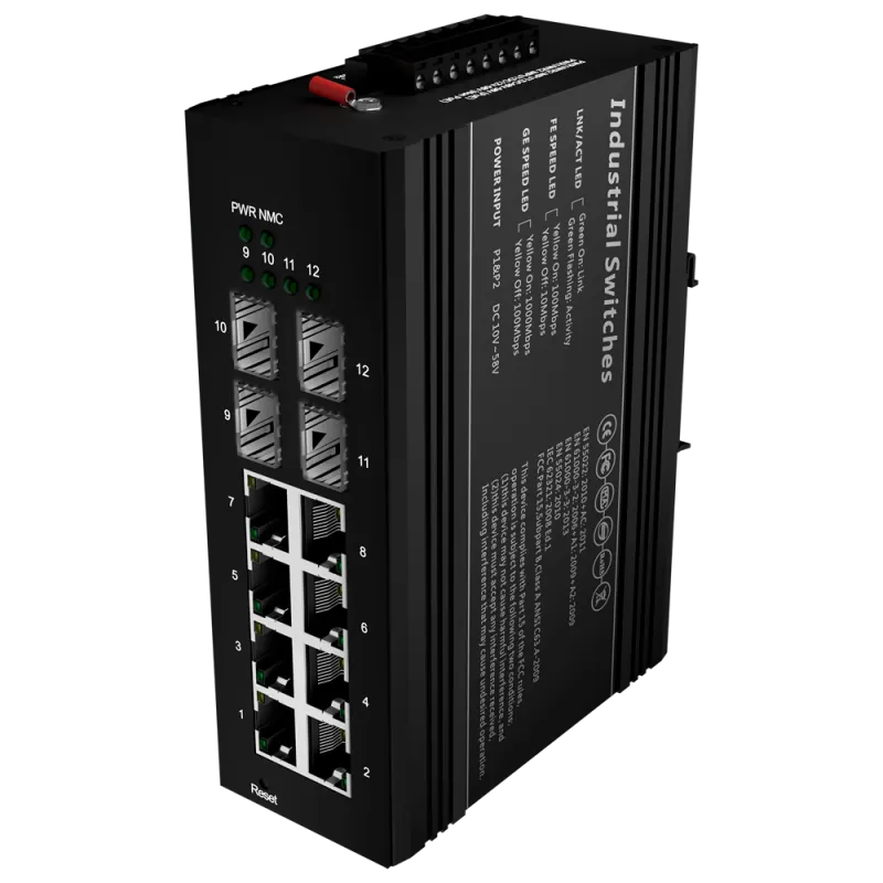 Switch PoE Marca Blanca - Montaje en carril DIN - 8 Puertos Gigabit + 4 SFP Gigabit - 90W puertos 1 y 2 / 30W puerto ... - Alarm