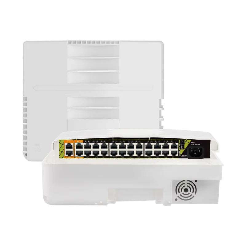 Switch PoE exterior - 22 RJ45 PoE+ 2 RJ45 Hi-PoE - 2 RJ45 Uplink - 22 x 10/100 Mbps - 4 x Gigabit - Hasta 300 W en to... - Alarm