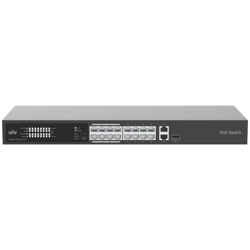 Uniview Switch PoE Enracable - 16 Puertos RJ45 10/100Mbps PoE+ 802.3af/at - 2 Puertos uplink 10/100/1000Mbps (1 combo... - Alarm