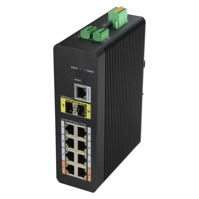 Switch PoE X-Security Carril DIN - 8 puertos PoE RJ45 + 2 puertos SFP de fibra - Velocidad 10/100/1000 Mbps - 90W pue... - Alarm