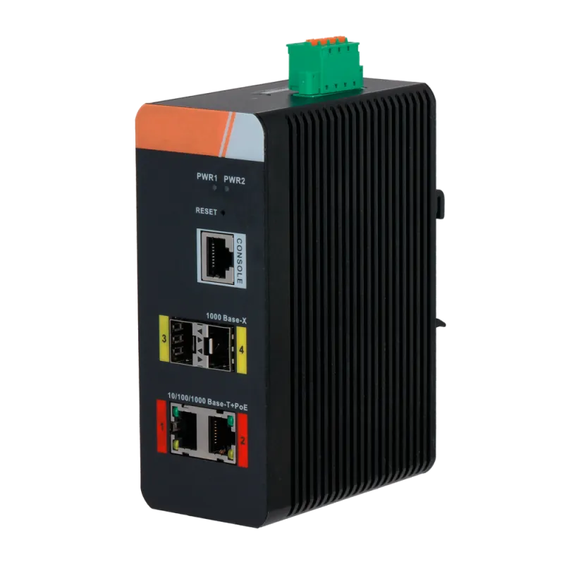 Switch PoE X-Security Carril DIN - 2 puertos PoE RJ45 + 2 SFP - Velocidad 10/100/1000 Mbps - 90W puertos 1-2 / Potenc... - Alarm