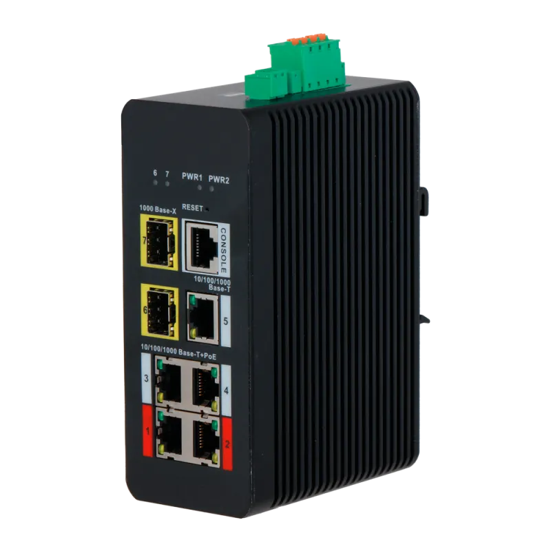Switch PoE X-Security Carril DIN - 4 puertos PoE RJ45 + 1 puerto RJ45 + 2 SFP - Velocidad 10/100/1000 Mbps - 90W puer... - Alarm