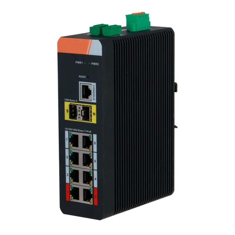 Switch PoE X-Security Carril DIN - 8 puertos PoE RJ45 + 2 puertos SFP - Velocidad 10/100/1000 Mbps - 90W puertos 1-2... - Alarm
