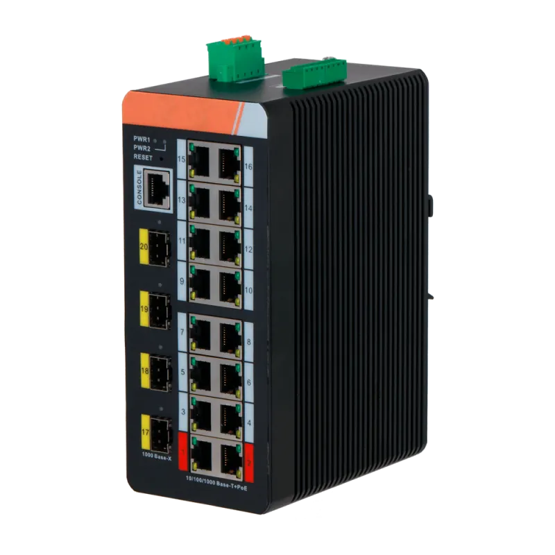 Switch PoE X-Security Carril DIN - 16 puertos PoE RJ45 + 4 puertos SFP - Velocidad 10/100/1000 Mbps - 90W puertos 1-2... - Alarm