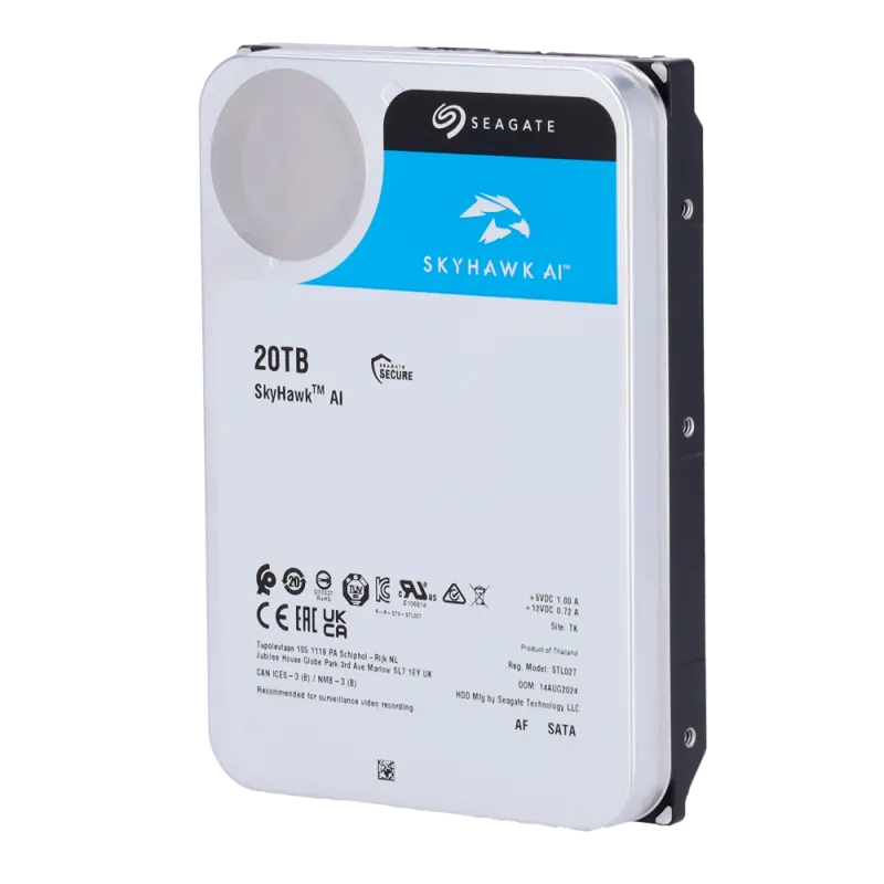 Disco duro Seagate Skyhawk AI - Capacidad 20 TB - Interfaz SATA 6 Gb/s - Hasta 32 transmisiones de inteligencia artif... - Alarm