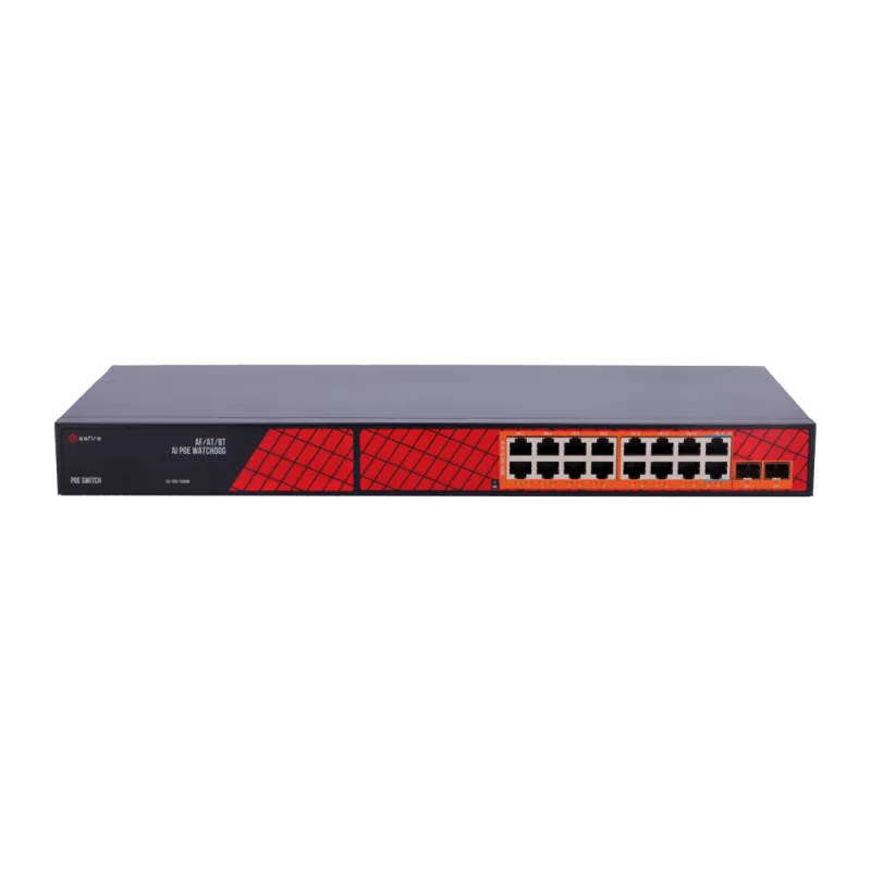 Safire Switch Hi-PoE - 16 puertos PoE + 2 SFP - Velocidad de puertos Gigabit 10/100/1000Mbps - 14 Puertos PoE+ 30W + ... - Alarm
