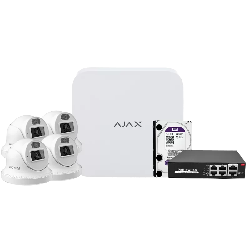 Ajax 8ch NVR Videoüberwachungskit + 4x Revolver mit 4 Mpx Safire + PoE Switch + HD 1Tb