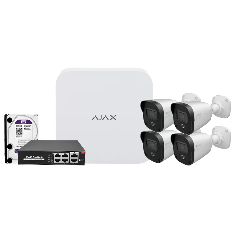 Ajax 8ch NVR Surveillance Kit + 4x bullet of 4 Mpx Safire + PoE Switch + Hd 1Tb